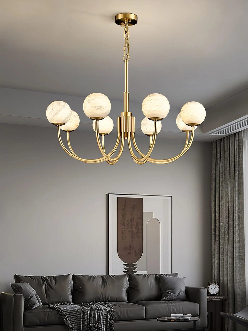 NovaLume Brass Alabaster Globe Chandelier for Living Rooms