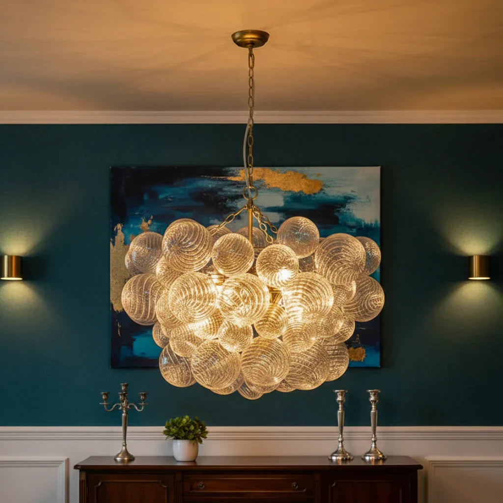 Lampadario a Bolle con Vetro Trasparente Elegante e Righe