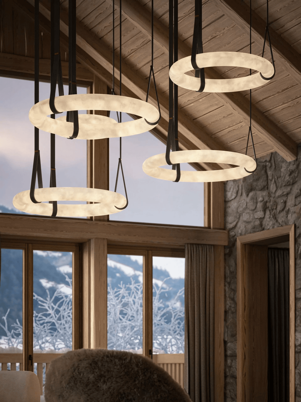 Alabaster-Ring-Hängeleuchte mit LED, Naturstein in Braun bis Gold, 3000K–6000K