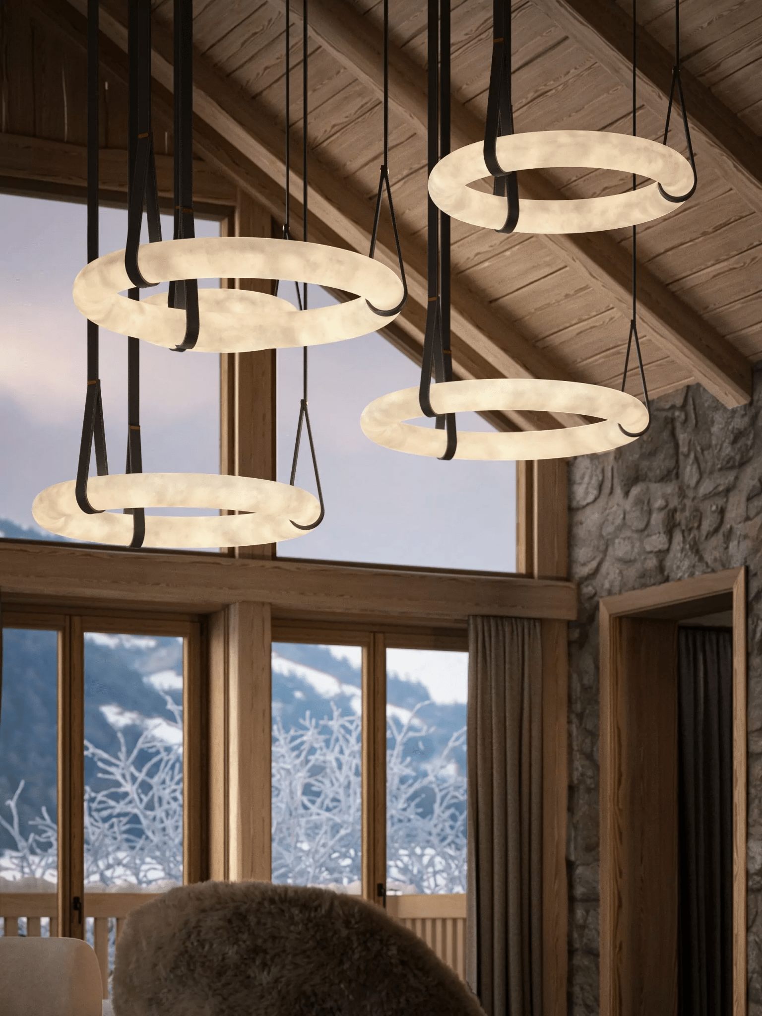 Alabaster-Ring-Hängeleuchte mit LED, Naturstein in Braun bis Gold, 3000K–6000K
