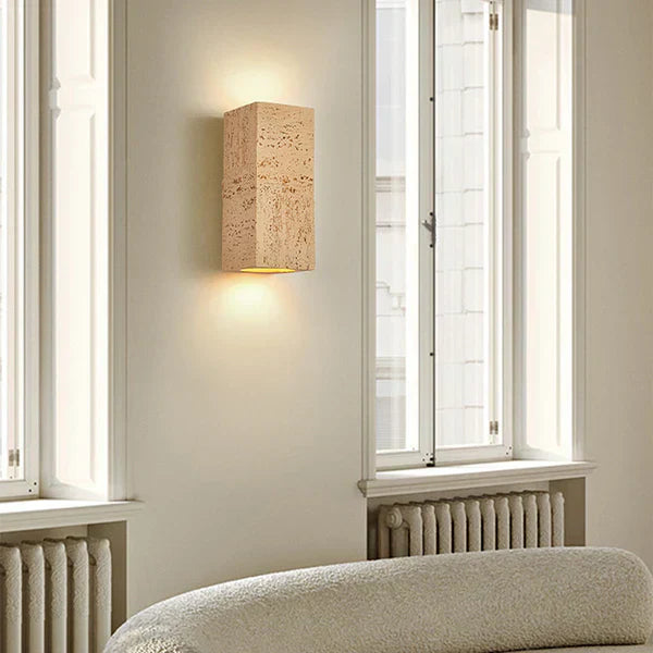 15:24 Japandi nástěnná lampa s vzhledem travertinu, cementová, obdélníková, teplé světlo, obývací pokoj, ložnice