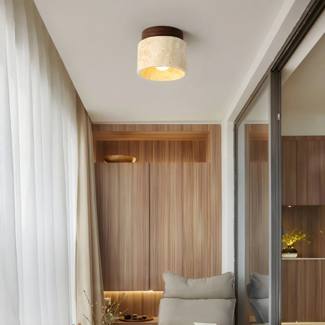 AstraLume Travertine Cylinder Ceiling Light With Wood Accent