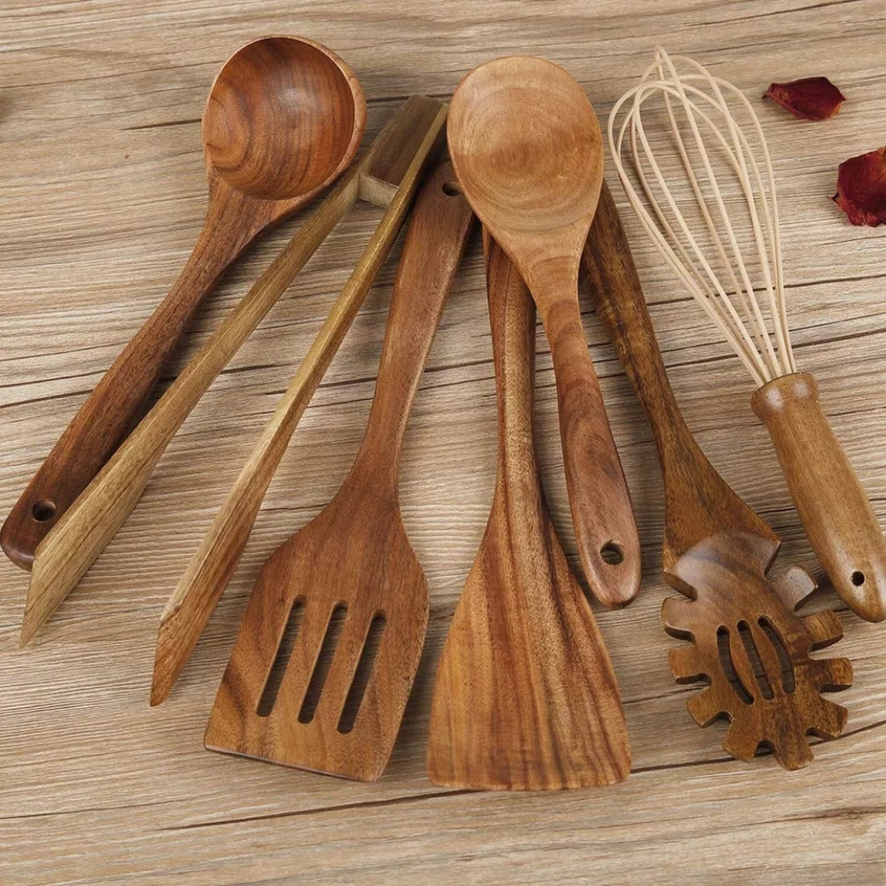 Set de utensilios de madera de haya de 7 piezas para cocina, duradero, resistente al calor y antiadherente