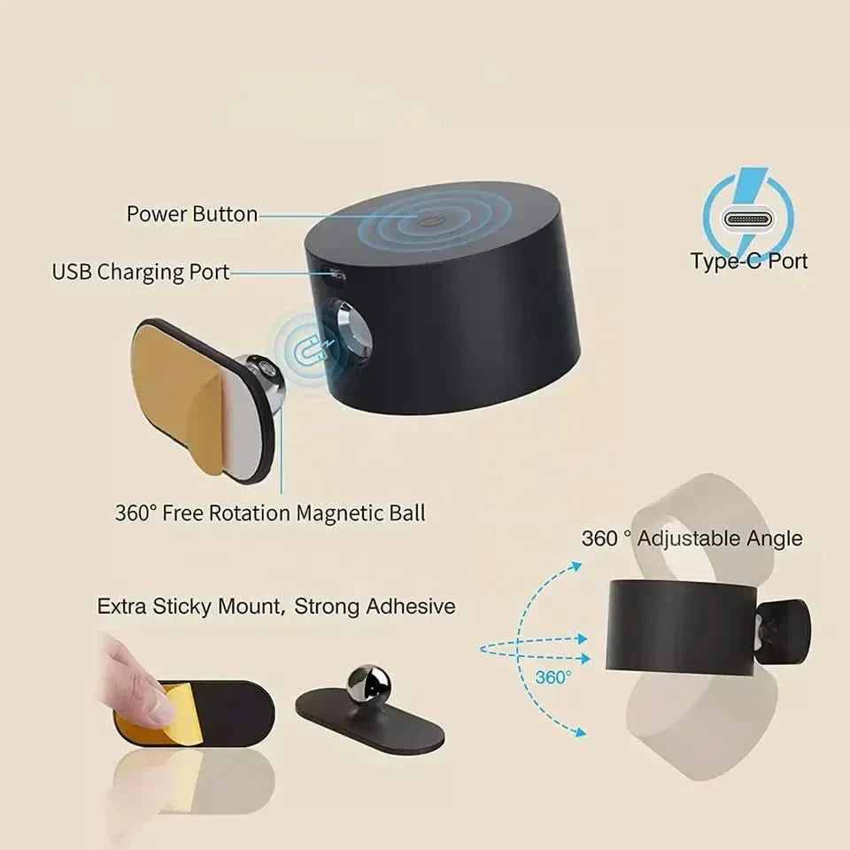 360 fokos fali lámpa vezeték nélküli, USB újratölthető, három fényerősségi szinttel