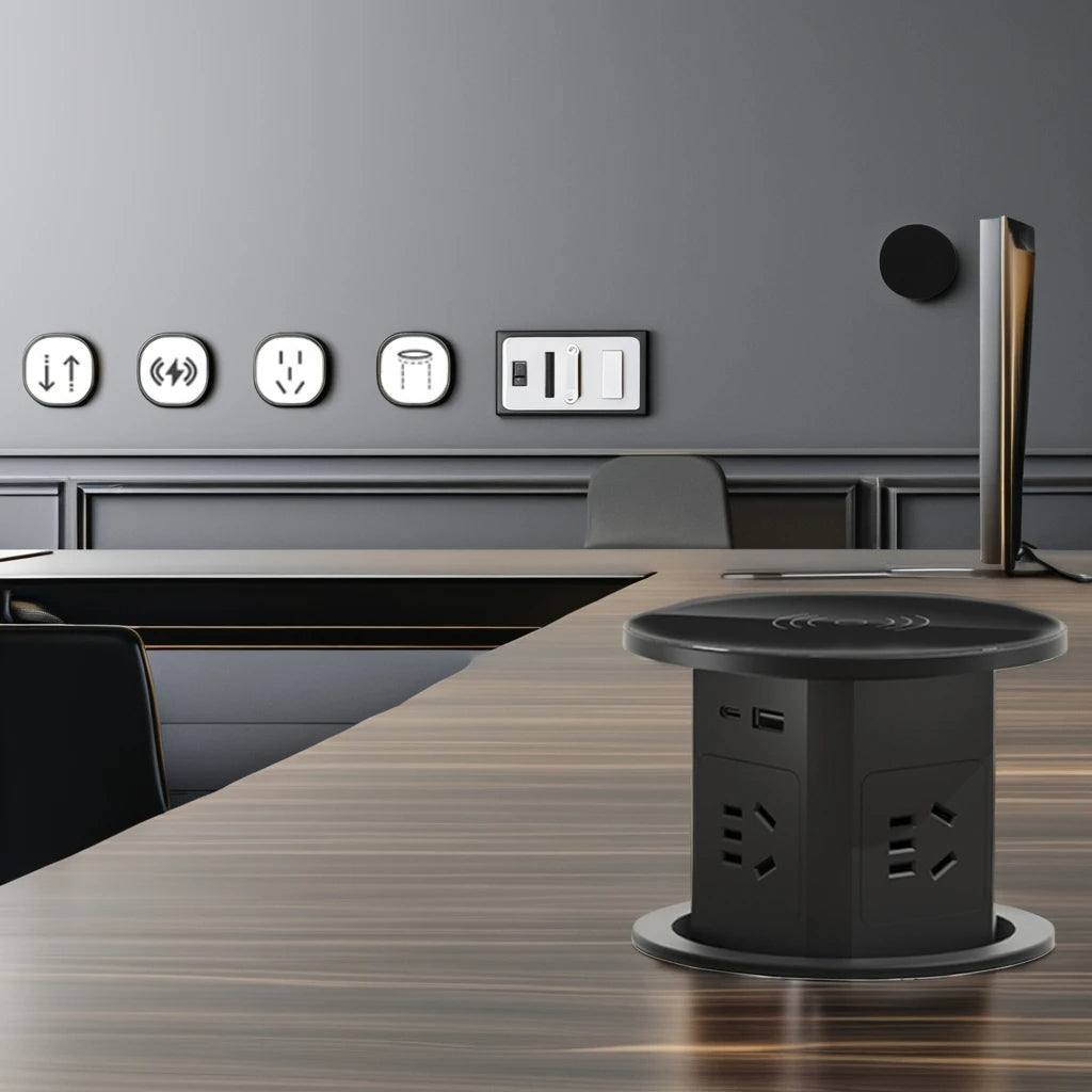 Auto Pop-Up Desk Socket Tower With USB-C, Wireless Charging And Global Plug | Fervei