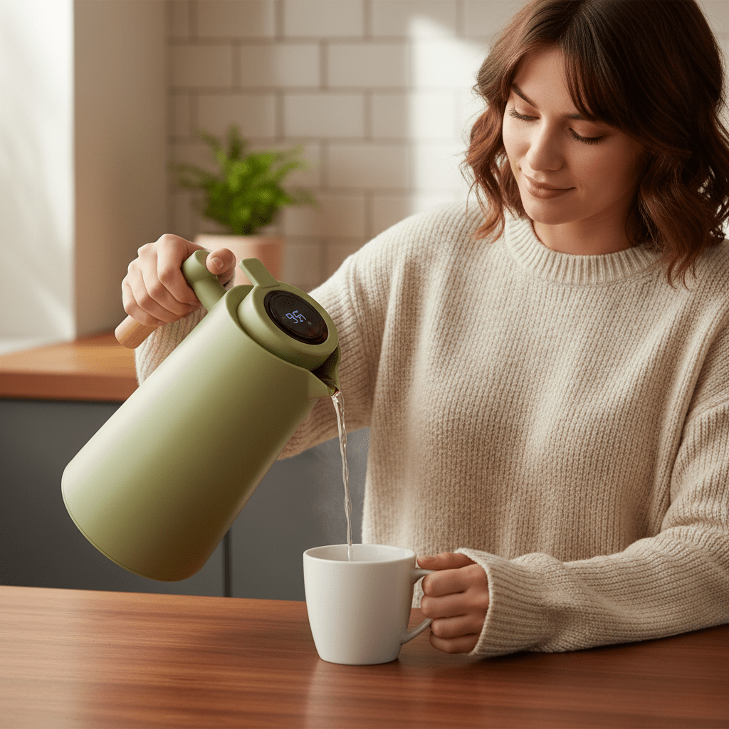 AeroTherm Doppelwandige Thermosflasche mit Temperaturanzeige und Holzgriff