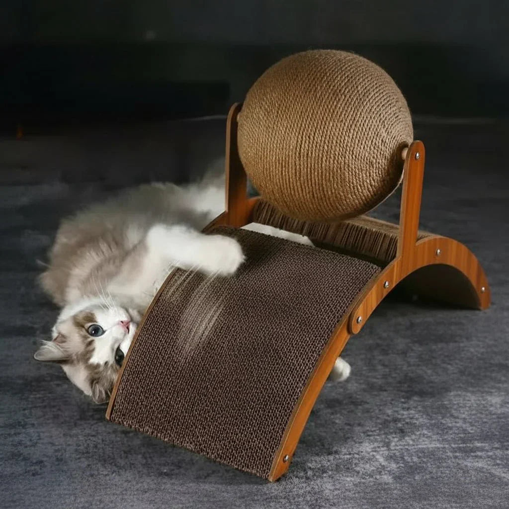 ScratchSphere Balle À Griffer 2-en-1 Pour Chats Avec Planche En Sisal Naturel Et Plateforme En Bois