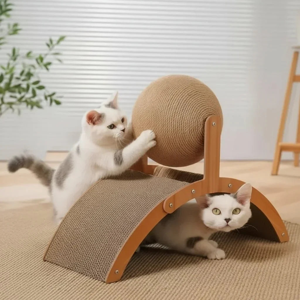 ScratchSphere Balle À Griffer 2-en-1 Pour Chats Avec Planche En Sisal Naturel Et Plateforme En Bois