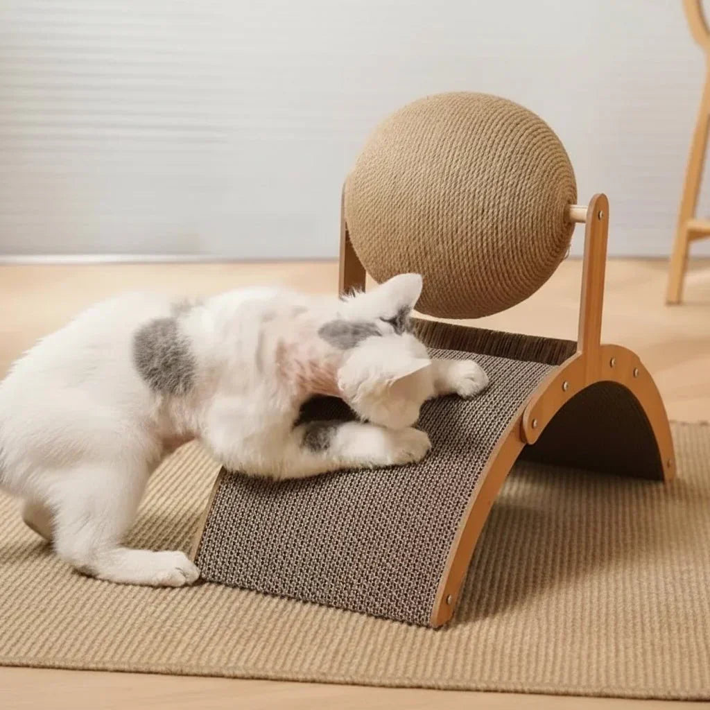 ScratchSphere Balle À Griffer 2-en-1 Pour Chats Avec Planche En Sisal Naturel Et Plateforme En Bois