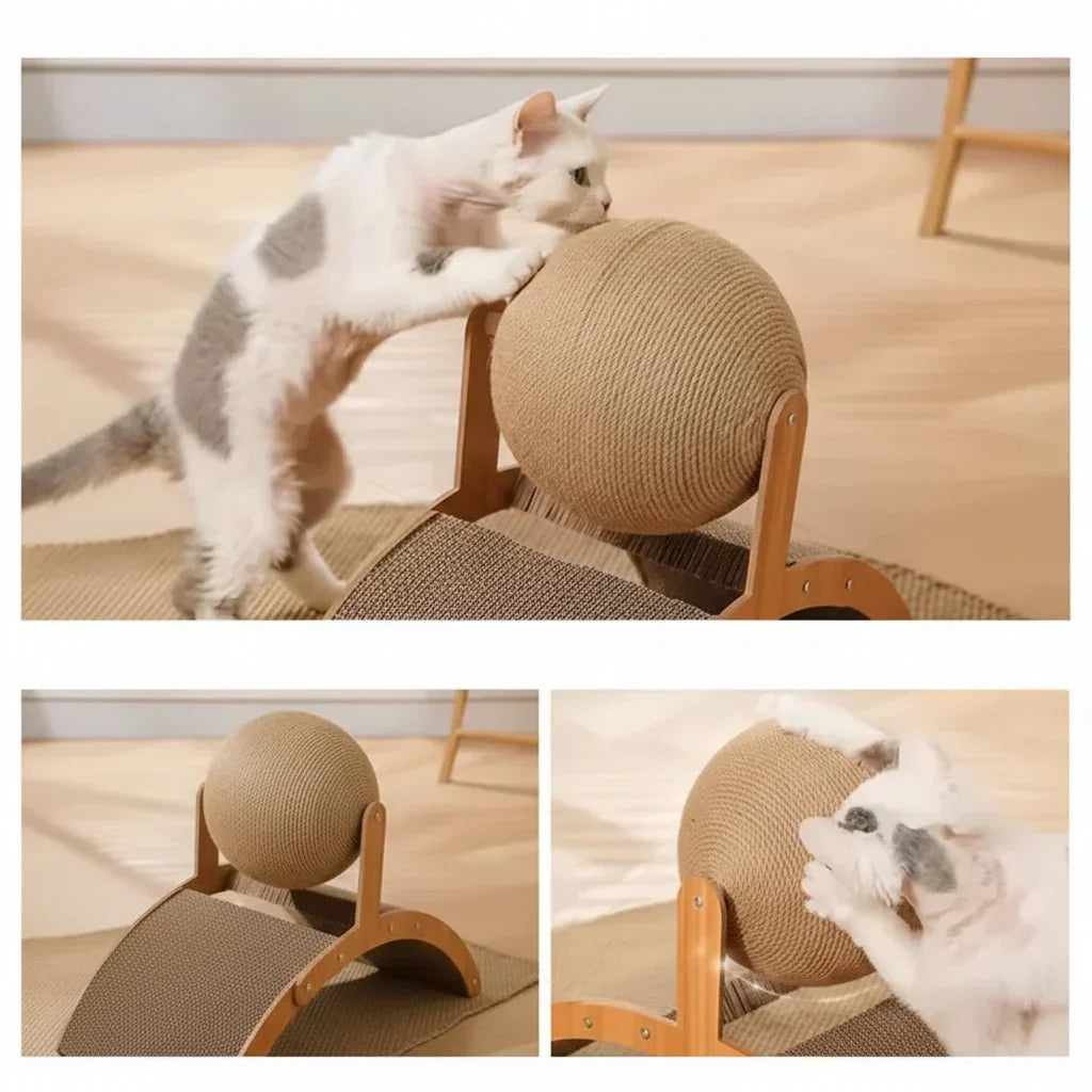 ScratchSphere Balle À Griffer 2-en-1 Pour Chats Avec Planche En Sisal Naturel Et Plateforme En Bois