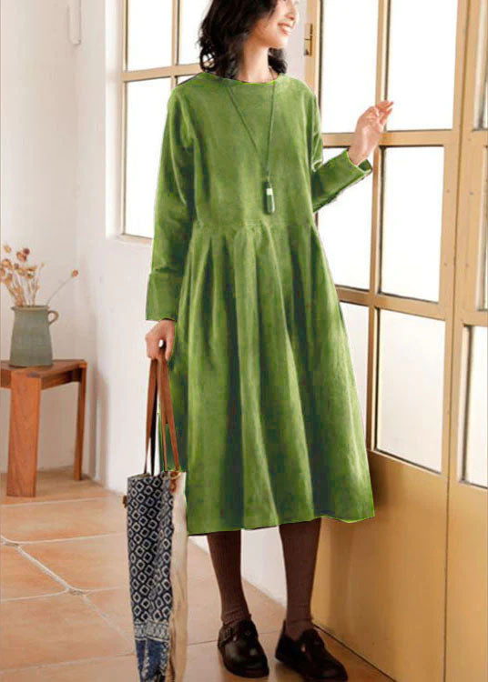 French Blue Corduroy Dress With Plus Size Pockets And Button Patchwork For Fall
