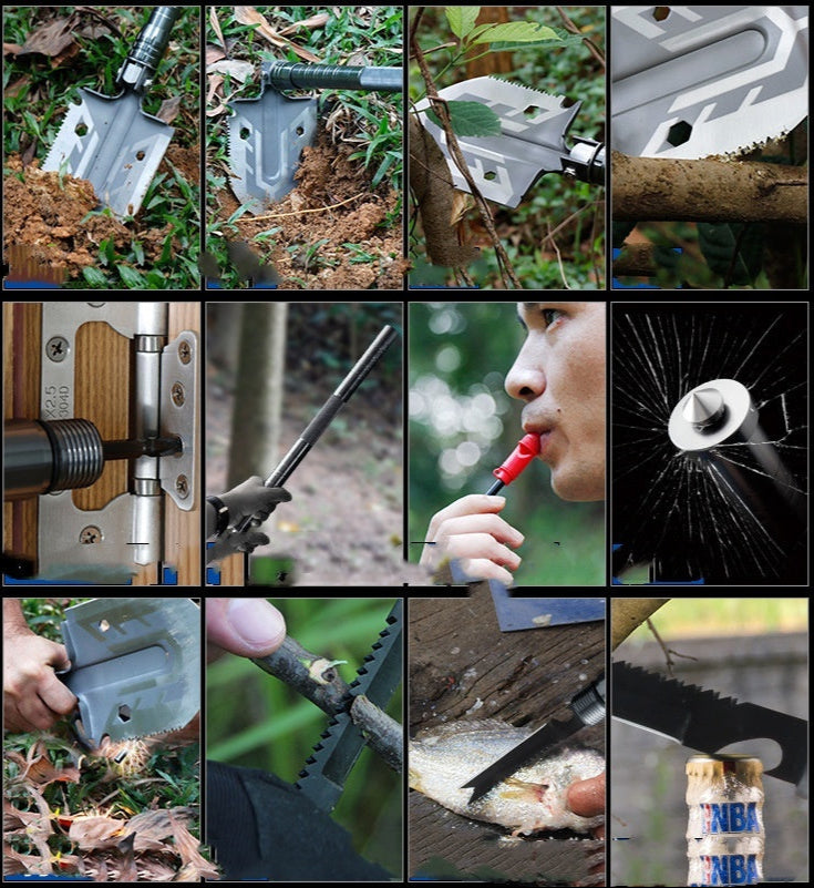 Pelle de survie tactique 16-en-1 – Outil de camping multifonction avec scie, couteau et allume-feu pour aventures en plein air