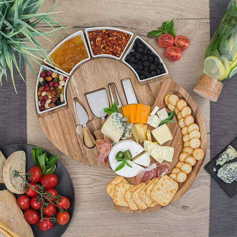 Acacia Wood Round Cheese Board Set With Ceramic Bowls And Knives
