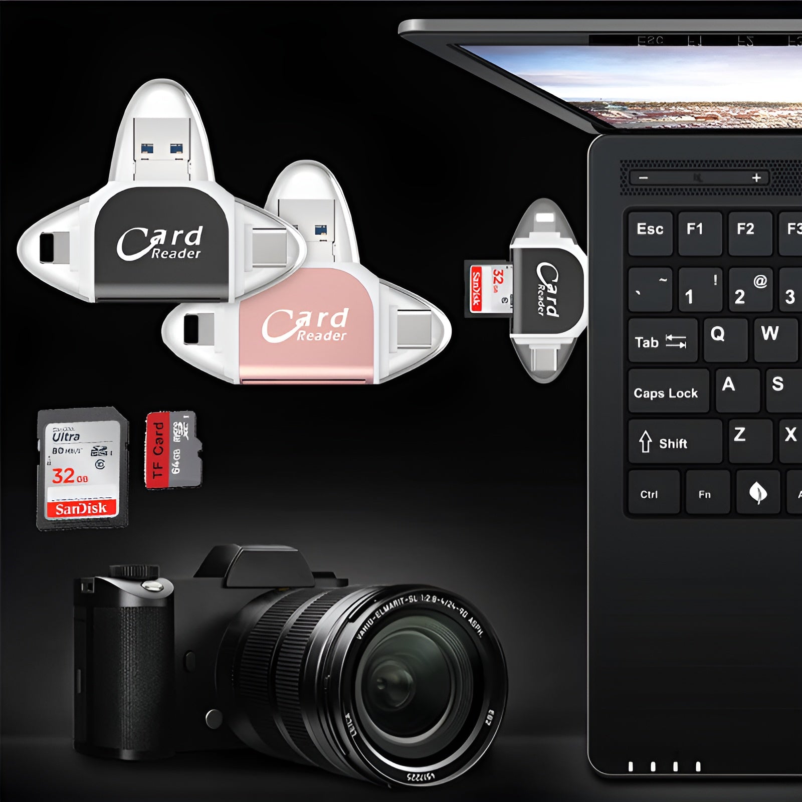 Čtečka karet 4 v 1 s USB C, Lightning, SD, Micro SD a USB 3.0