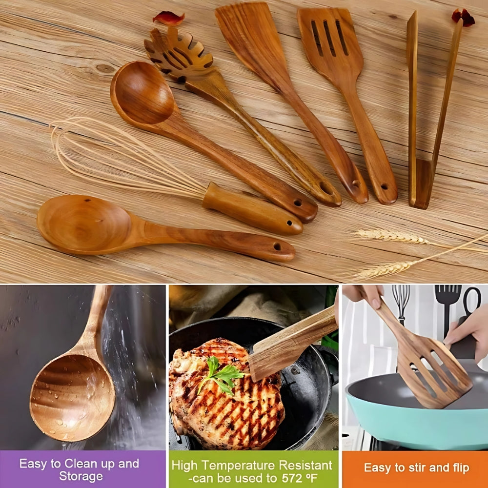 Set de utensilios de madera de haya de 7 piezas para cocina, duradero, resistente al calor y antiadherente
