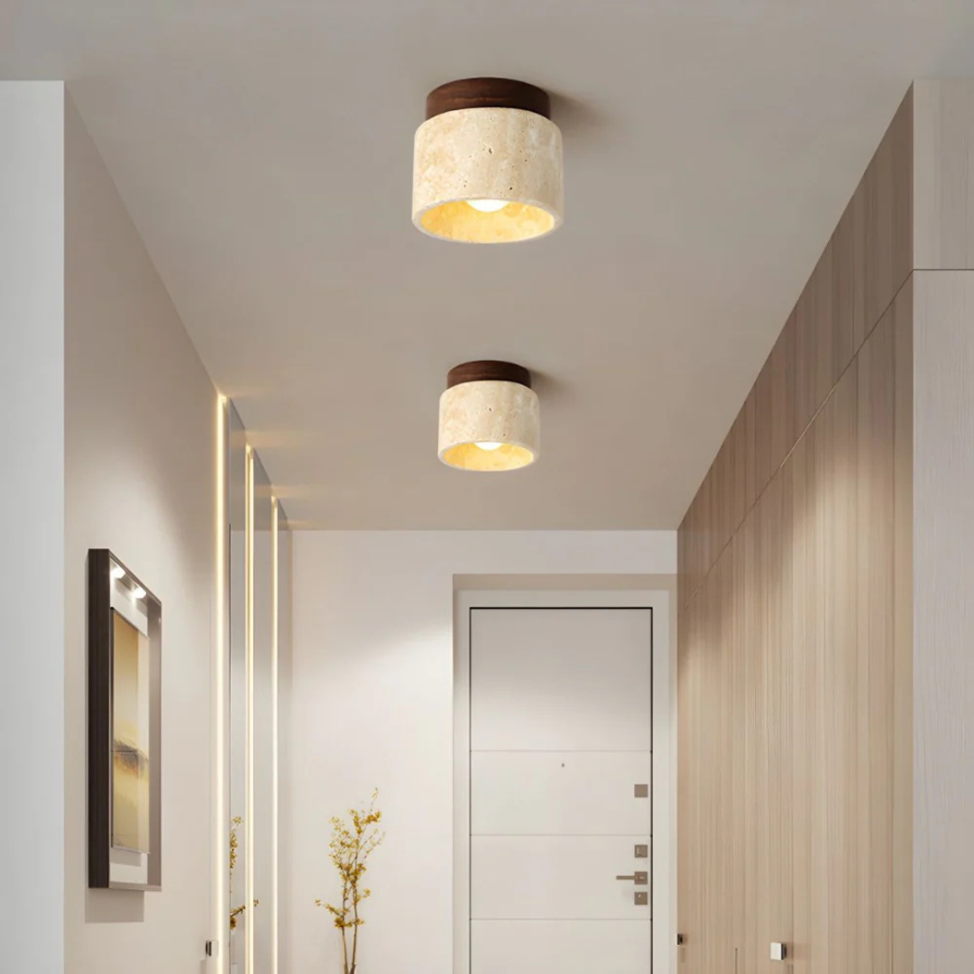 AstraLume Travertine Cylinder Ceiling Light With Wood Accent