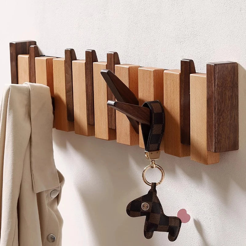 Eloria Piano-Inspired Wooden Coat Rack With Foldable Hooks