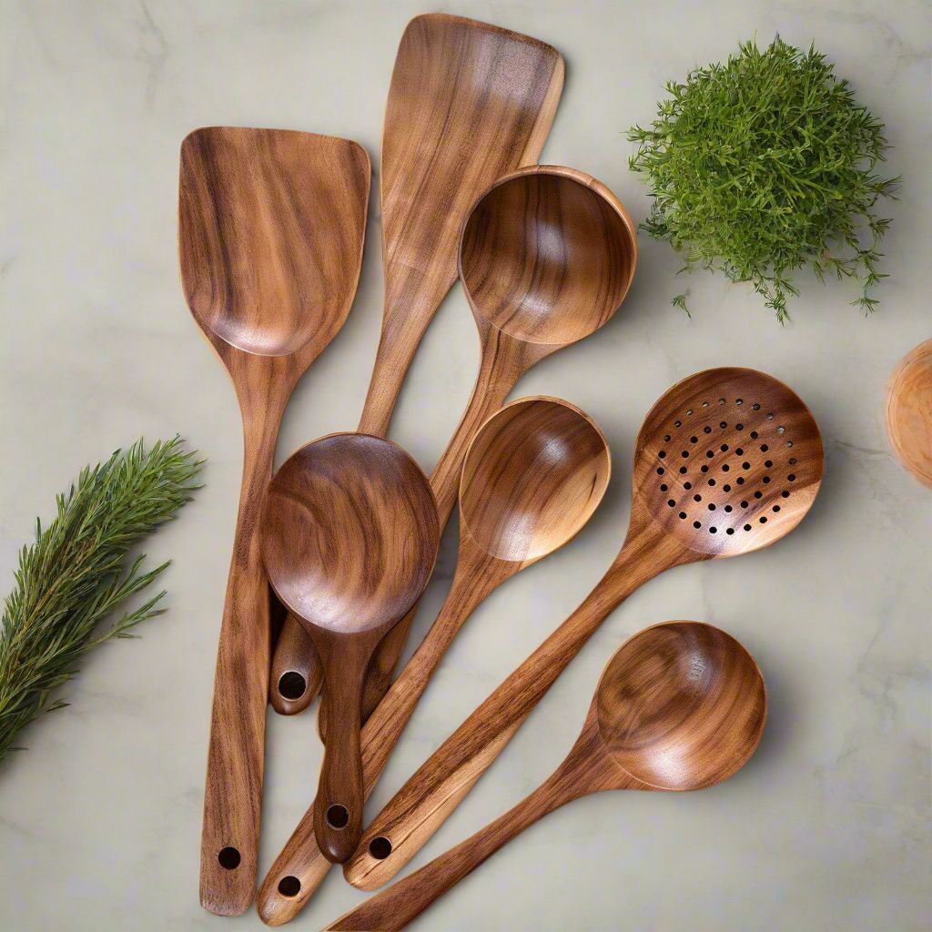 Teak Utensil Set For Everyday Cooking And Kitchen Tasks