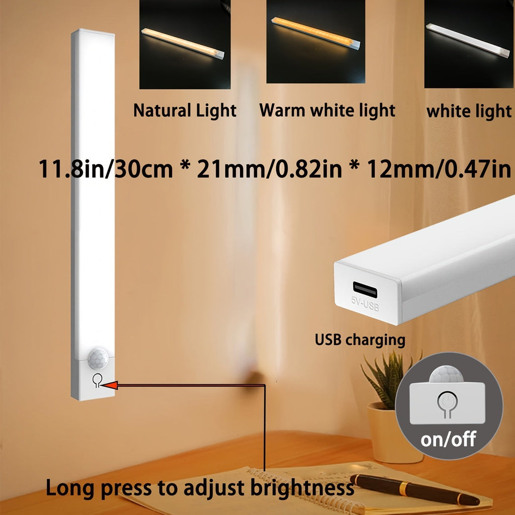 Luz noturna LED com sensor de movimento inteligente, bateria recarregável por USB e brilho ajustável