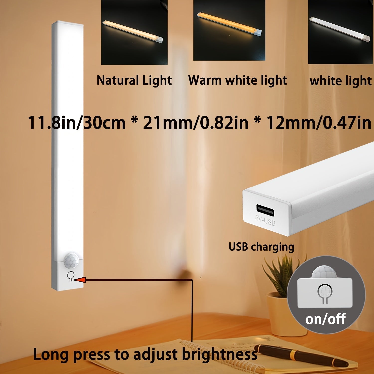 Luz noturna LED com sensor de movimento inteligente, bateria recarregável por USB e brilho ajustável