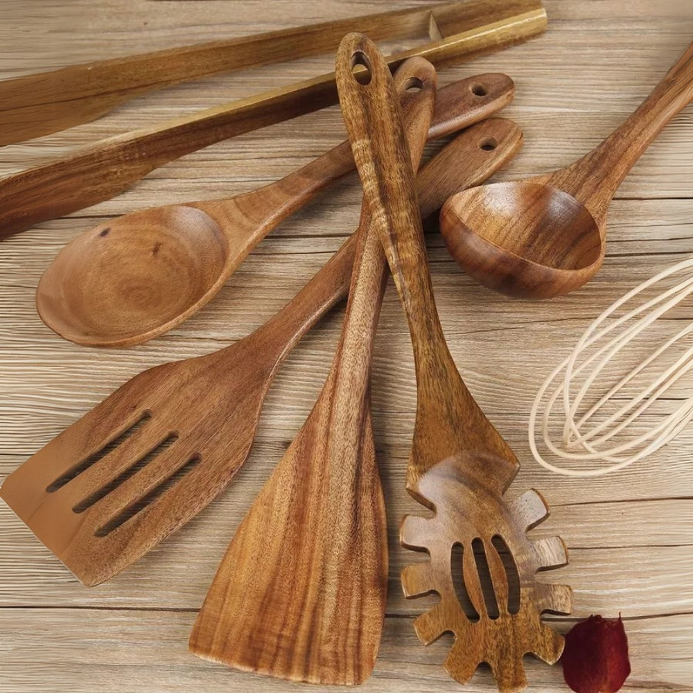 Set de utensilios de madera de haya de 7 piezas para cocina, duradero, resistente al calor y antiadherente