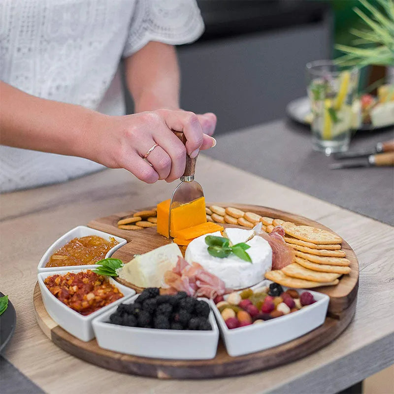 Acacia Wood Round Cheese Board Set With Ceramic Bowls And Knives