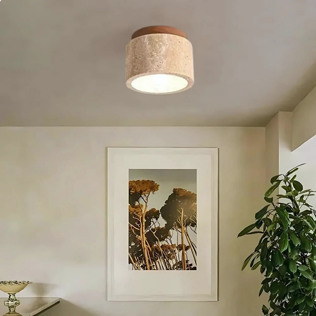 AstraLume Travertine Cylinder Ceiling Light With Wood Accent