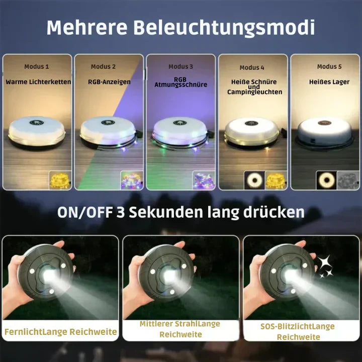 4-in-1 Campinglaterne mit LED-RGB-Lichterkette, 10 m, 2000 mAh Powerbank, IPX4