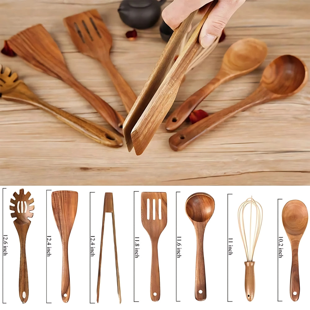Set de utensilios de madera de haya de 7 piezas para cocina, duradero, resistente al calor y antiadherente