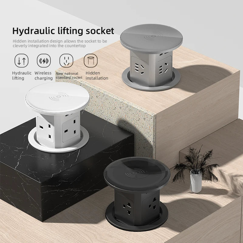Auto Pop-Up Desk Socket Tower With USB-C, Wireless Charging And Global Plug | Fervei