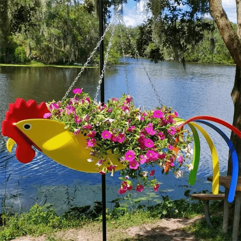 Hanging Plant Bowl With Colorful Chicken Design Garden Decor