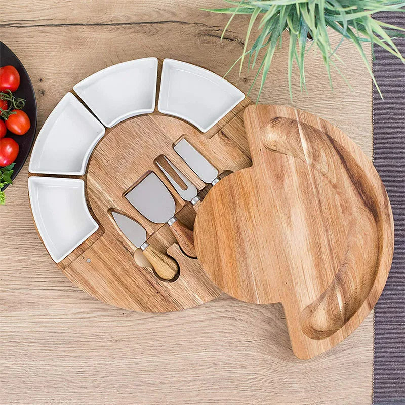 Acacia Wood Round Cheese Board Set With Ceramic Bowls And Knives