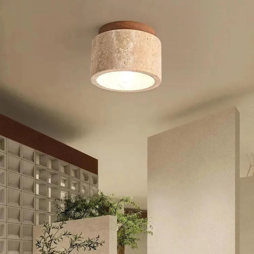 AstraLume Travertine Cylinder Ceiling Light With Wood Accent