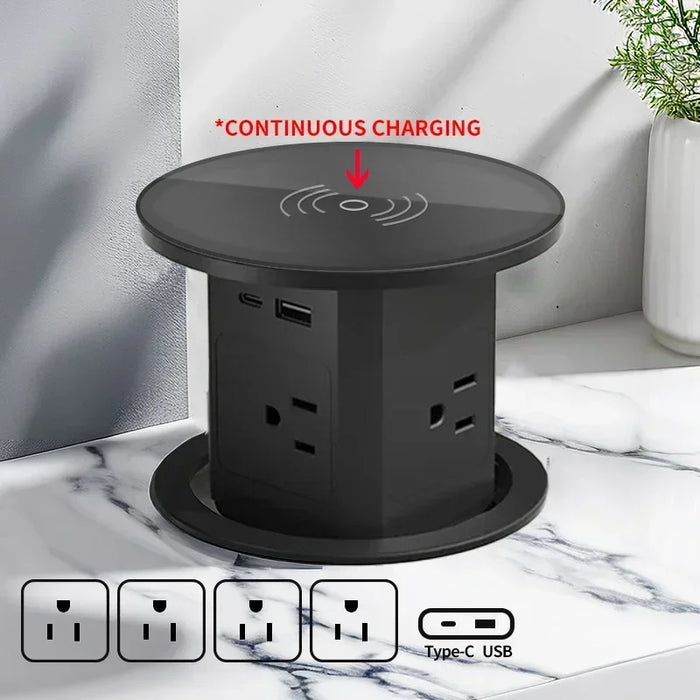 Auto Pop-Up Desk Socket Tower With USB-C, Wireless Charging And Global Plug | Fervei