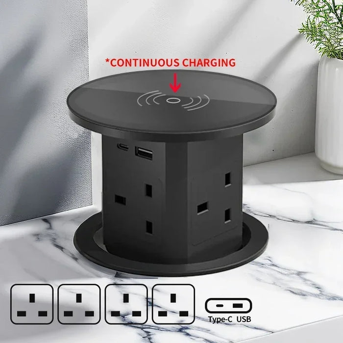 Auto Pop-Up Desk Socket Tower With USB-C, Wireless Charging And Global Plug | Fervei