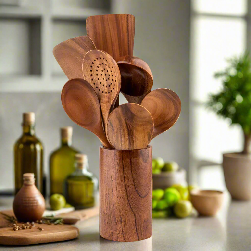 Teak Utensil Set For Everyday Cooking And Kitchen Tasks
