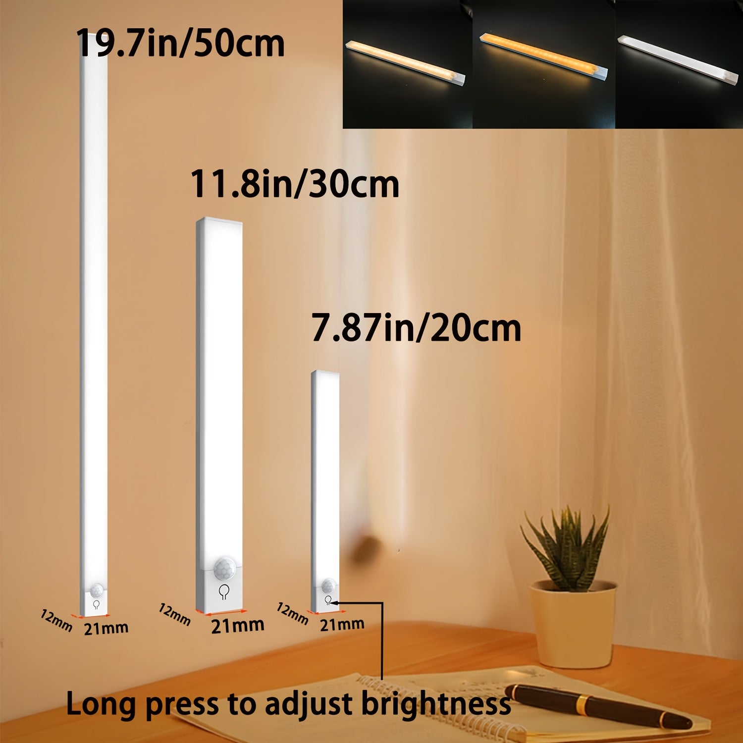 Luz noturna LED com sensor de movimento inteligente, bateria recarregável por USB e brilho ajustável