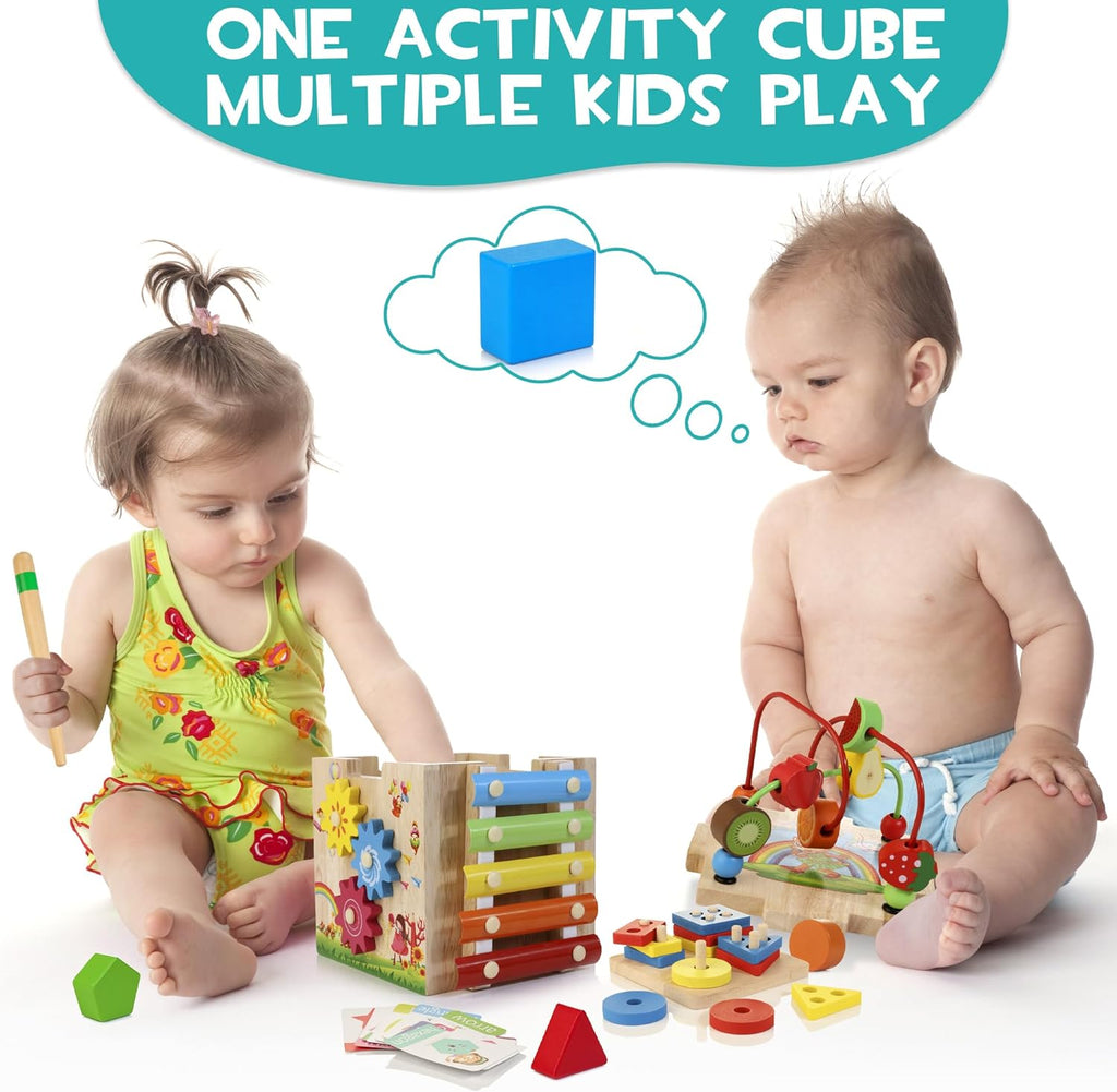 Cubo de Descubrimiento Montessori: Juguete de Actividad de Madera 8 en 1 para Niños Pequeños con Xilófono y Marco de Cuentas