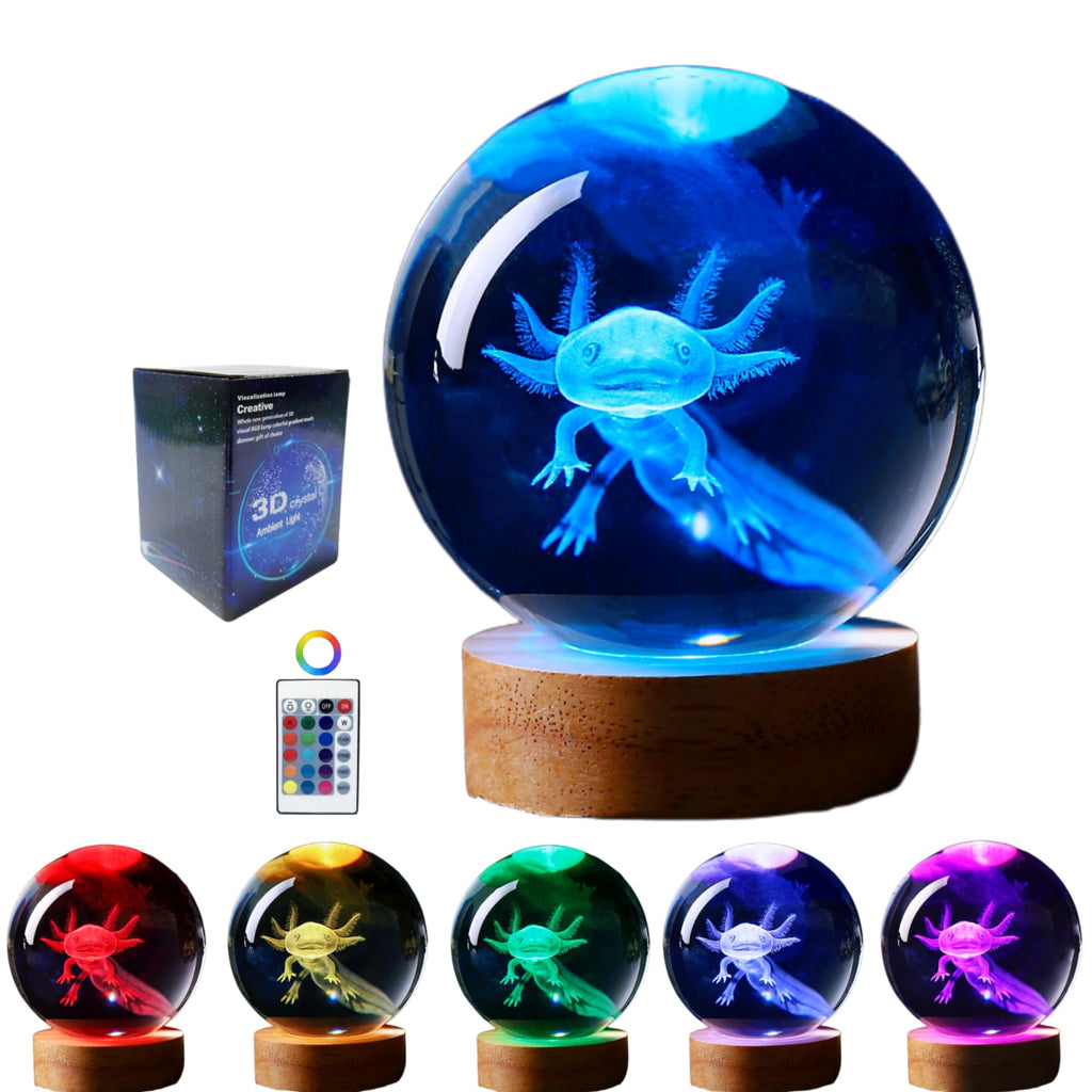 Axolotl 3D krystall stemningslampe med trebase, 16 fargers LED-moduser