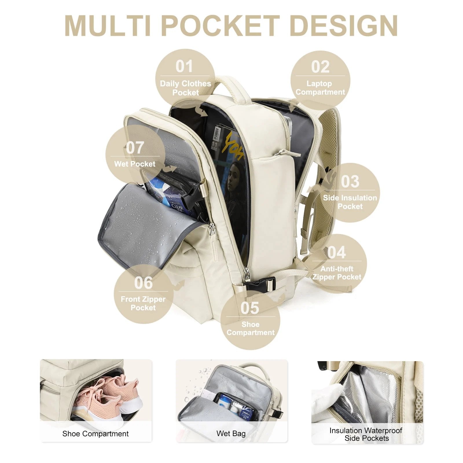 Sac à dos de voyage étanche 35L pour femme, randonnée, avec port USB