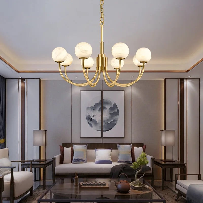 NovaLume Brass Alabaster Globe Chandelier for Living Rooms