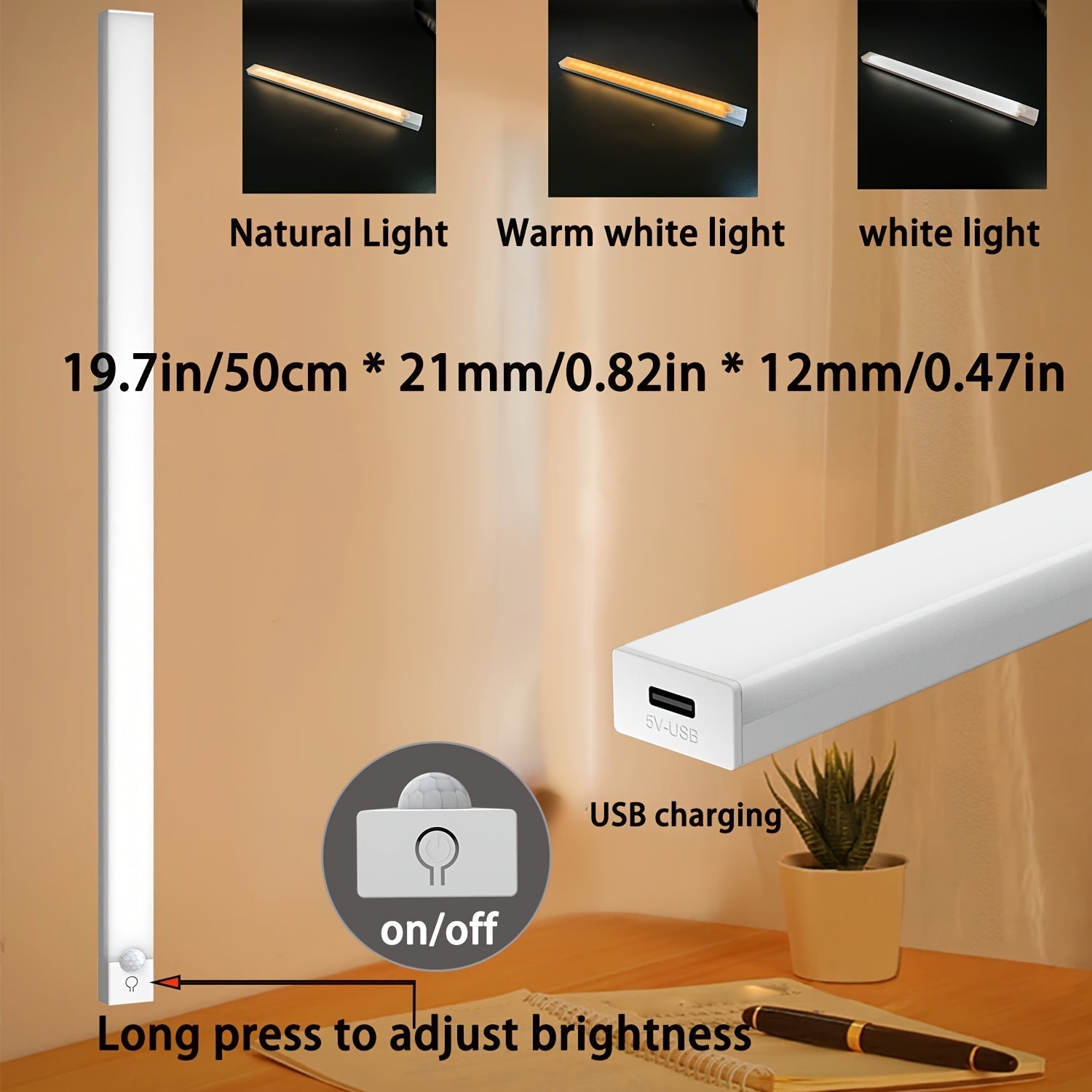 Luz noturna LED com sensor de movimento inteligente, bateria recarregável por USB e brilho ajustável