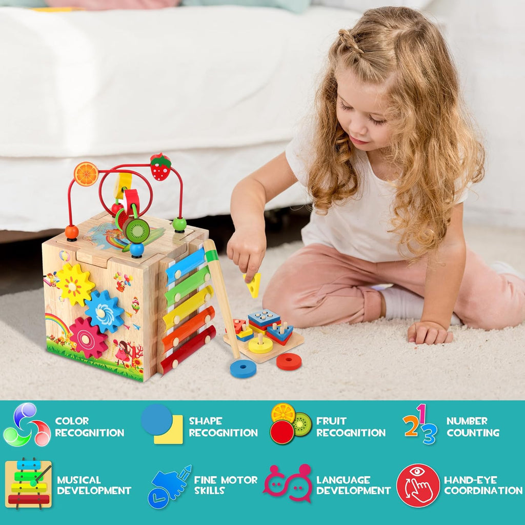 Cubo de Descubrimiento Montessori: Juguete de Actividad de Madera 8 en 1 para Niños Pequeños con Xilófono y Marco de Cuentas