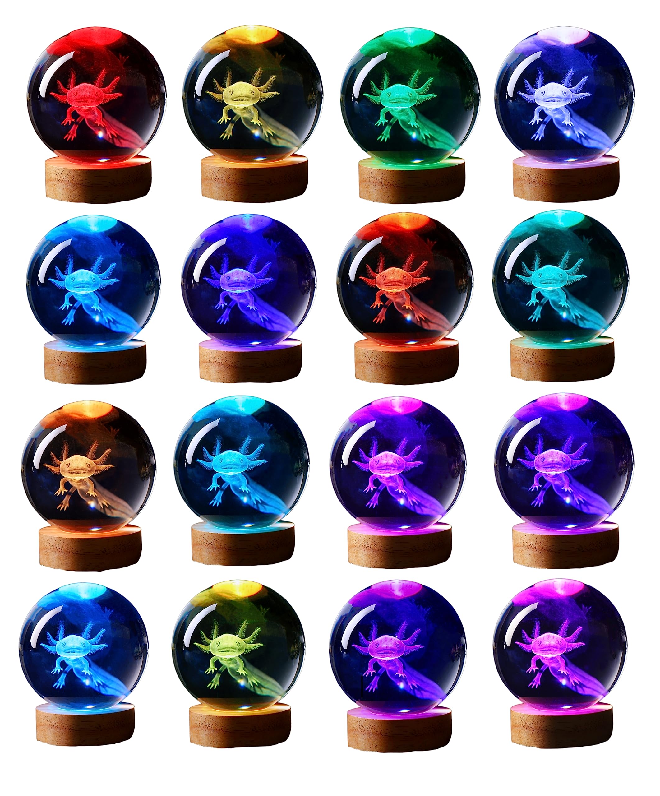 Axolotl 3D krystall stemningslampe med trebase, 16 fargers LED-moduser