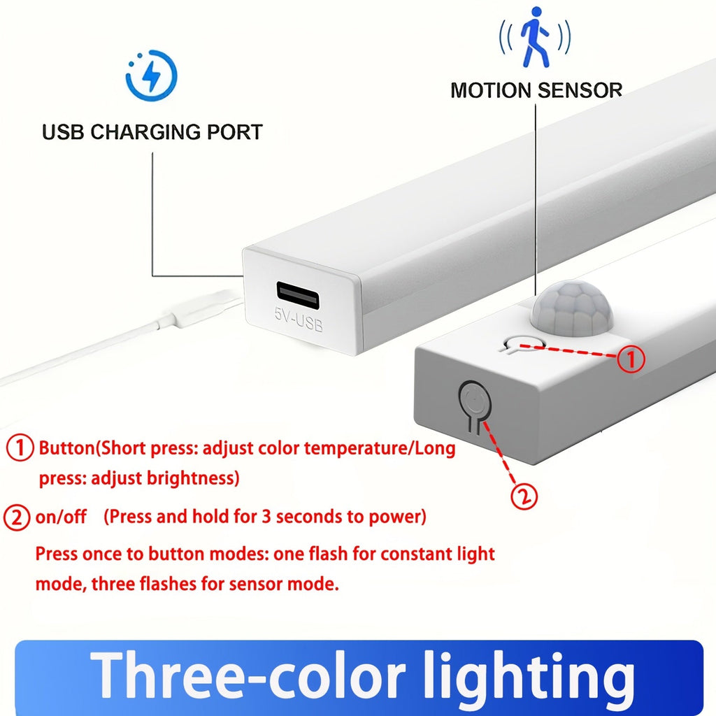 Luz noturna LED com sensor de movimento inteligente, bateria recarregável por USB e brilho ajustável
