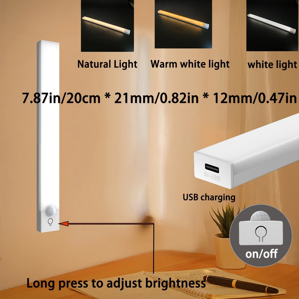 Luz noturna LED com sensor de movimento inteligente, bateria recarregável por USB e brilho ajustável