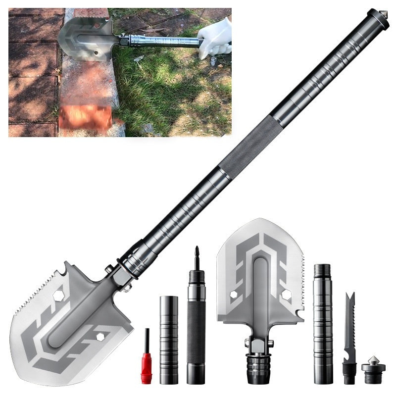 Pelle de survie tactique 16-en-1 – Outil de camping multifonction avec scie, couteau et allume-feu pour aventures en plein air