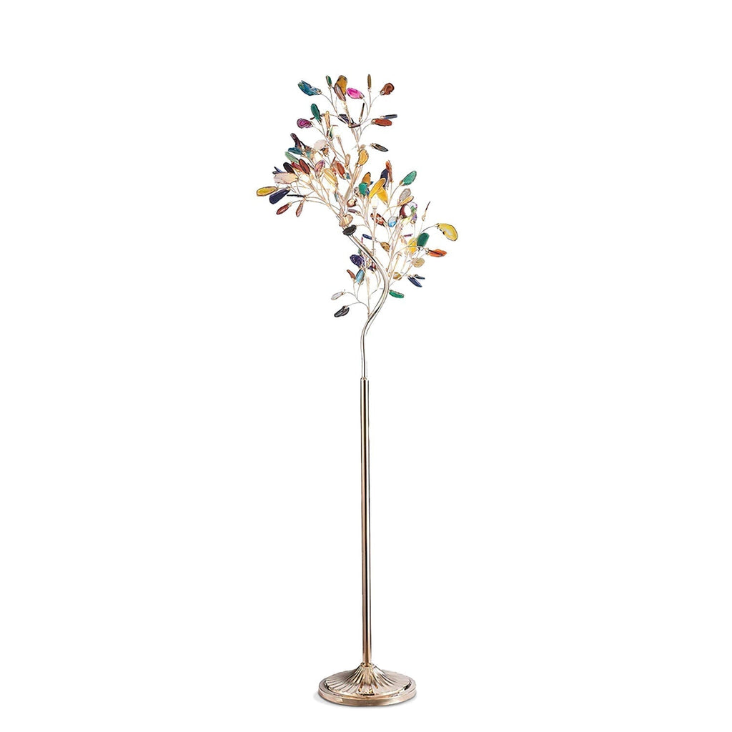 Lampadaire en agate avec sculpture en forme d'arbre à huit lampes, finition cuivre, aspect multicolore