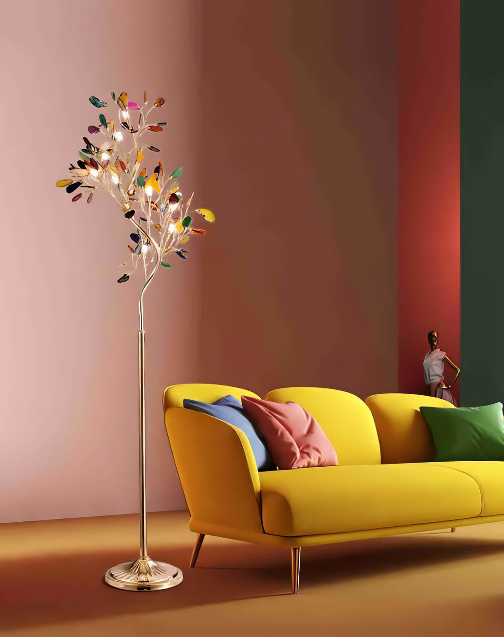 Lampadaire en agate avec sculpture en forme d'arbre à huit lampes, finition cuivre, aspect multicolore