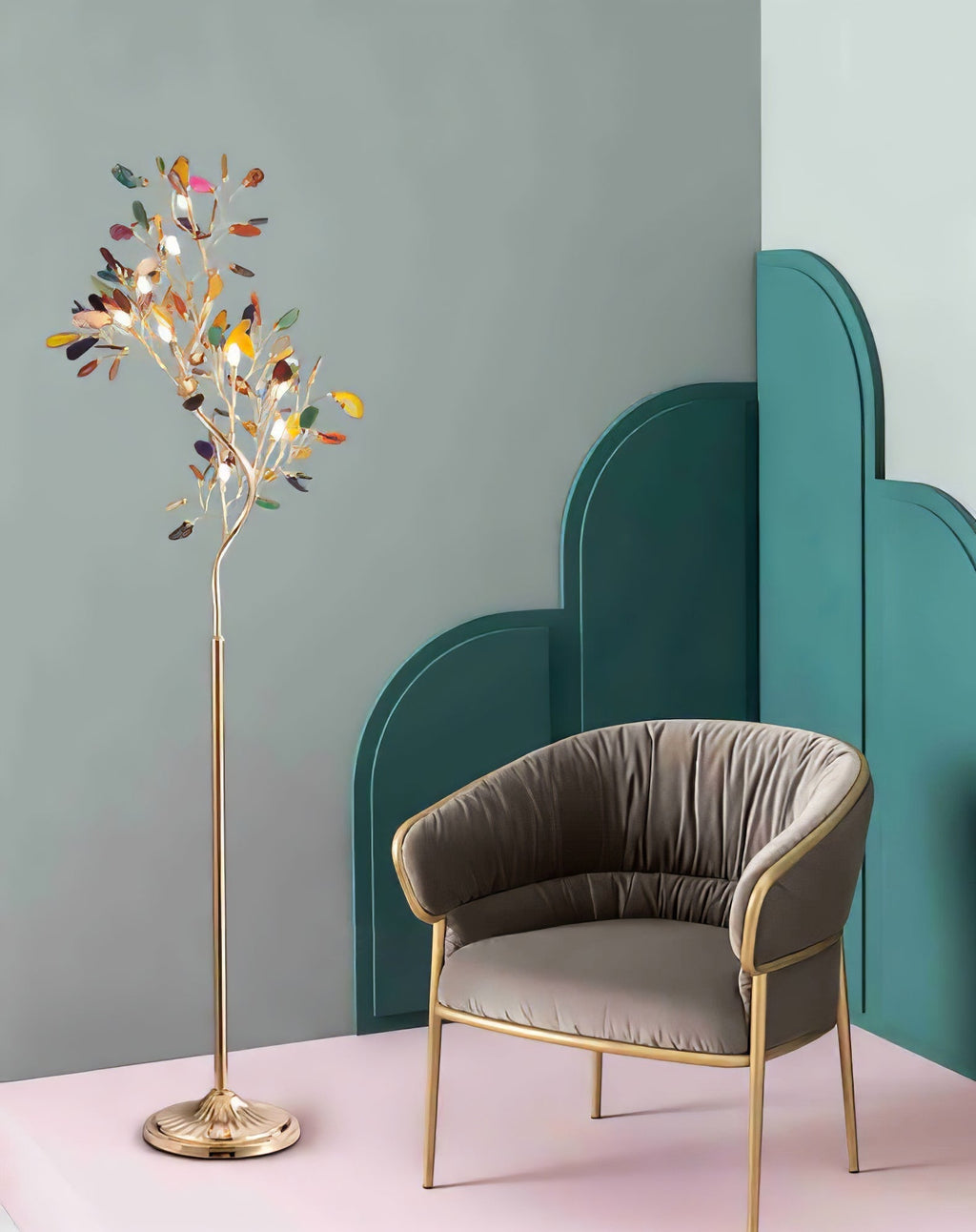 Lampadaire en agate avec sculpture en forme d'arbre à huit lampes, finition cuivre, aspect multicolore
